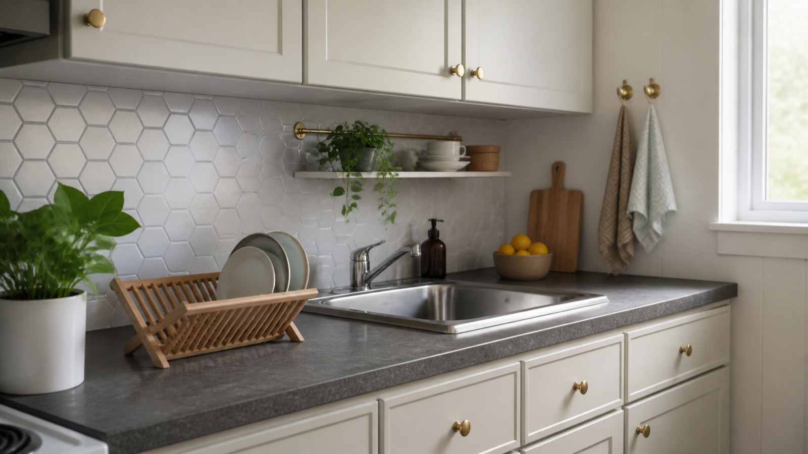 Budget rental kitchen makeover with peel-and-stick backsplash and new cabinet knobs