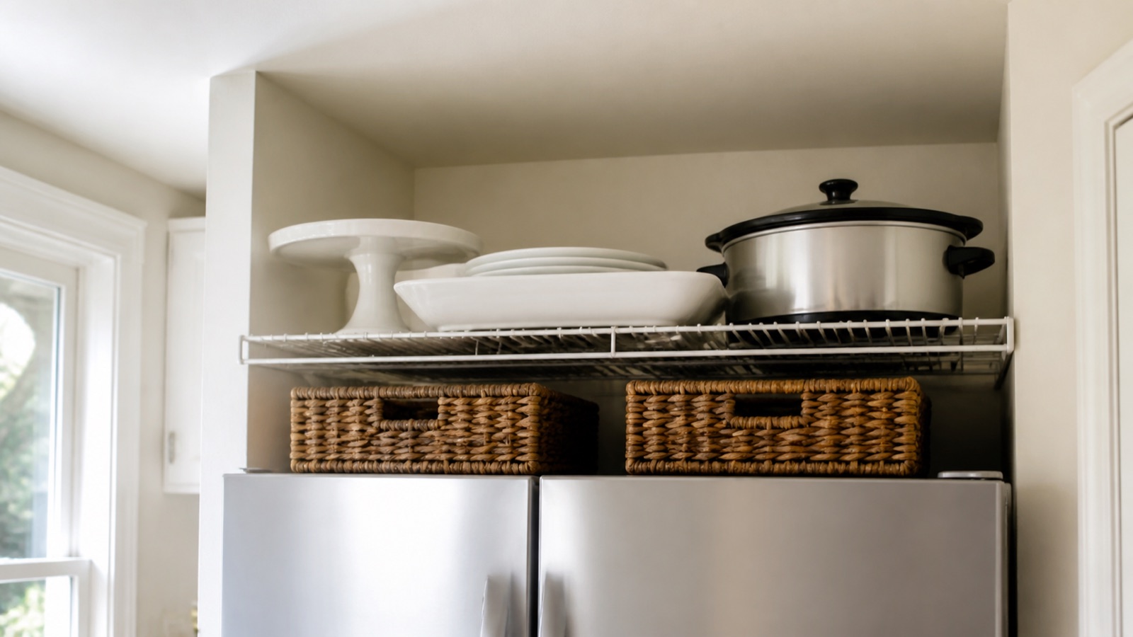 Baskets and a wire shelf storing platters above the refrigerator