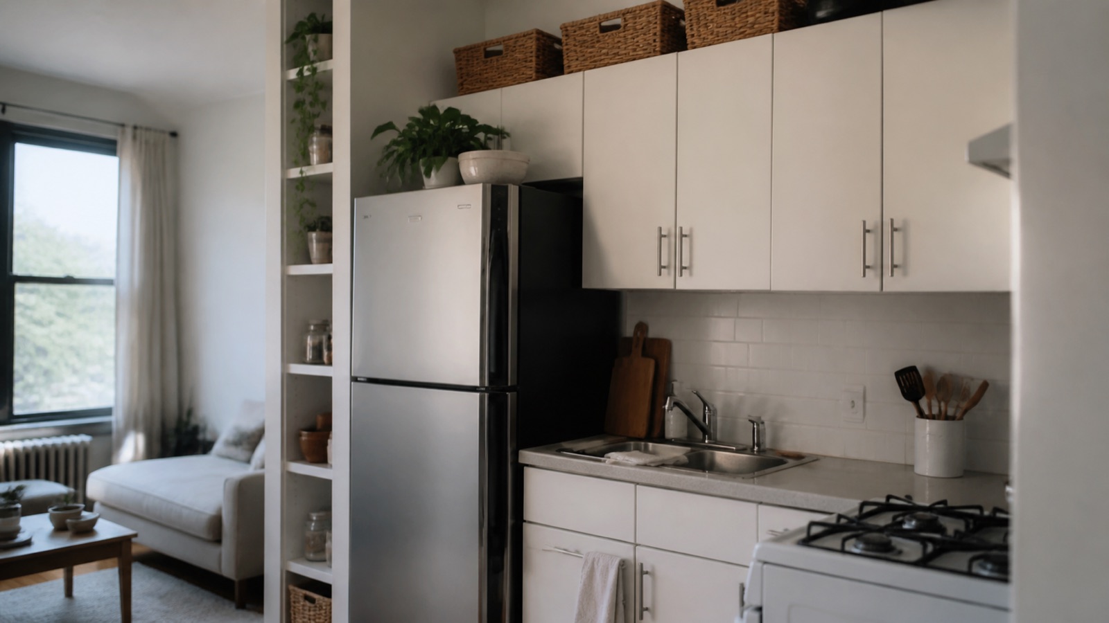 Small apartment kitchen with a narrow shelving unit and baskets above the cabinets