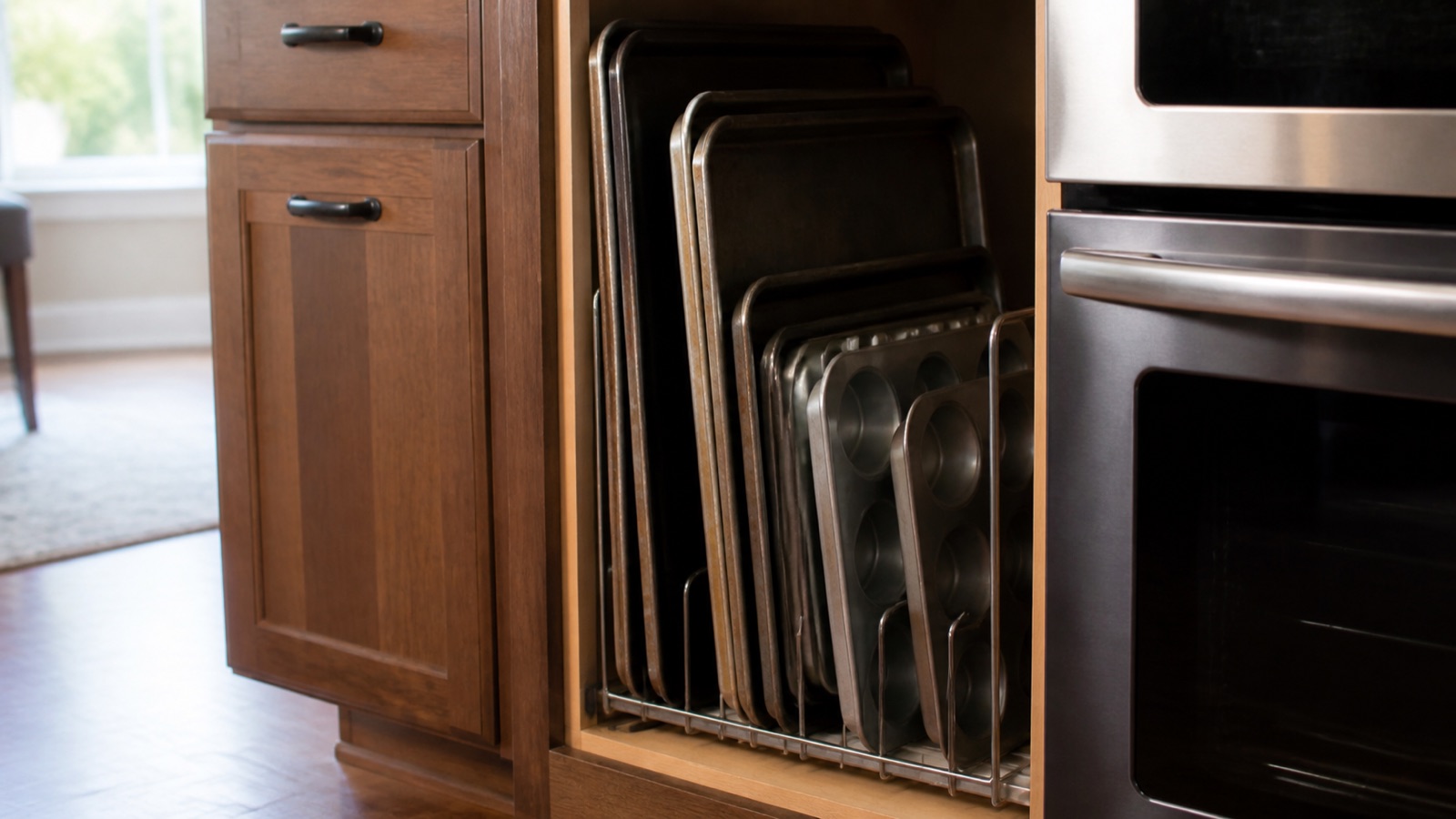Baking sheets stored upright in a wire divider rack in a narrow cabinet