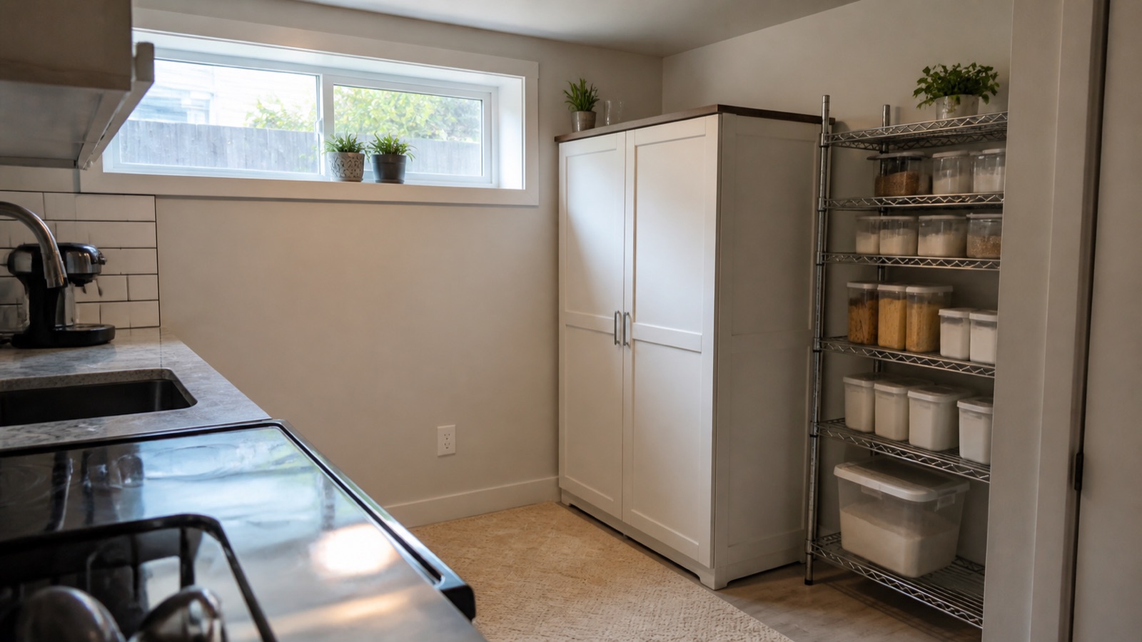 Basement suite kitchen with a tall pantry cabinet and sealed containers on wire shelving