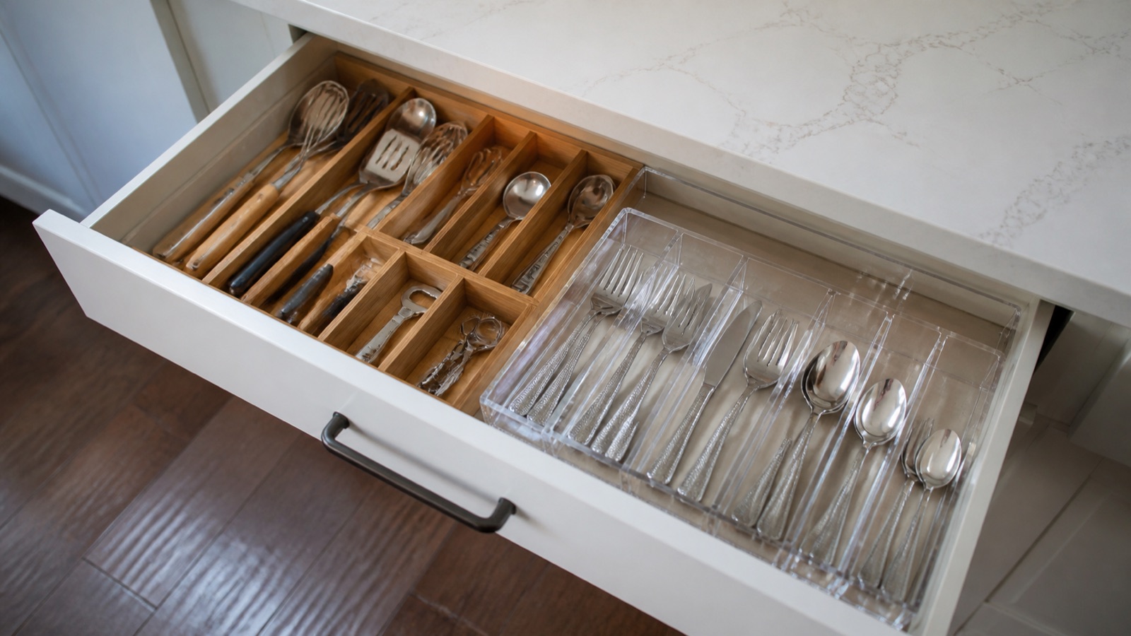 Adjustable bamboo drawer dividers and an expandable cutlery tray in a drawer