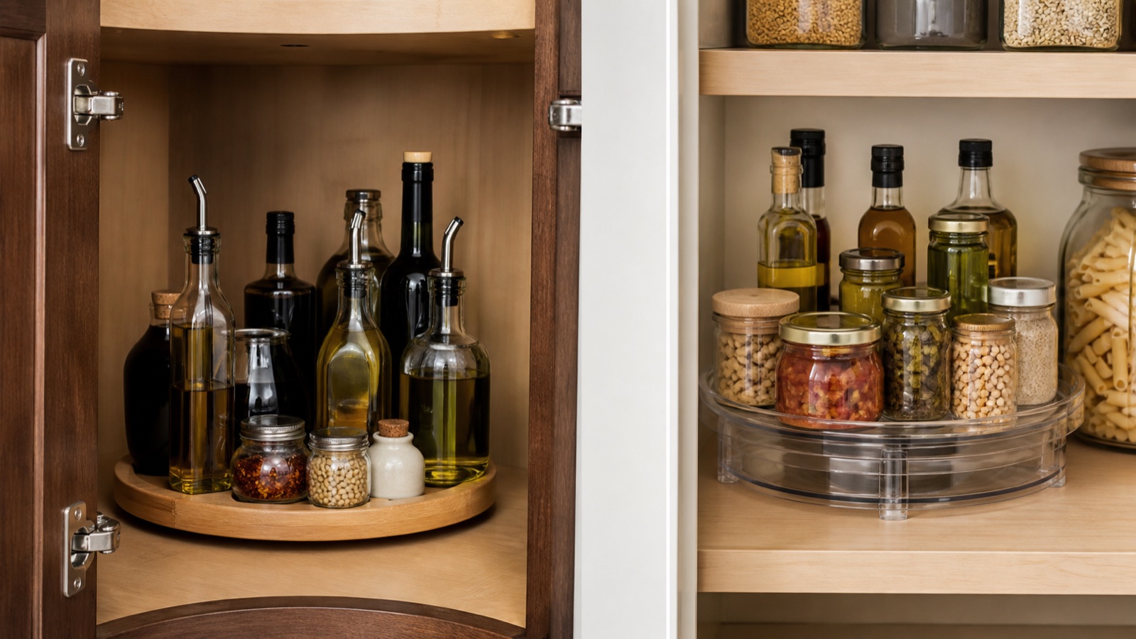Bamboo and clear lazy susans holding oils and jars in a cabinet