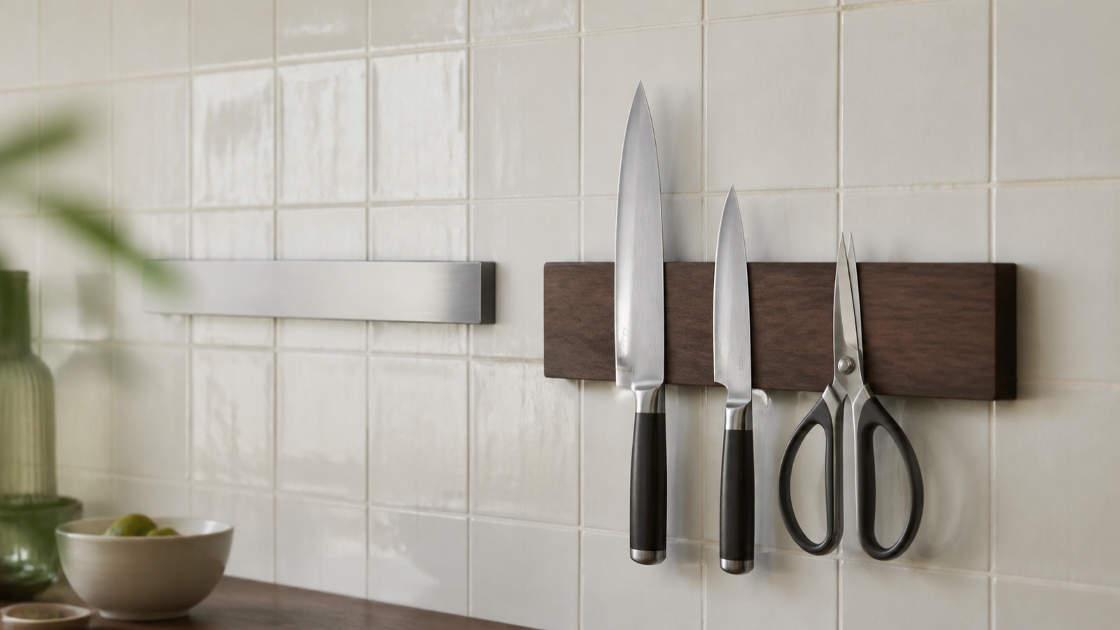 Wooden and stainless magnetic knife strips holding knives on a kitchen wall