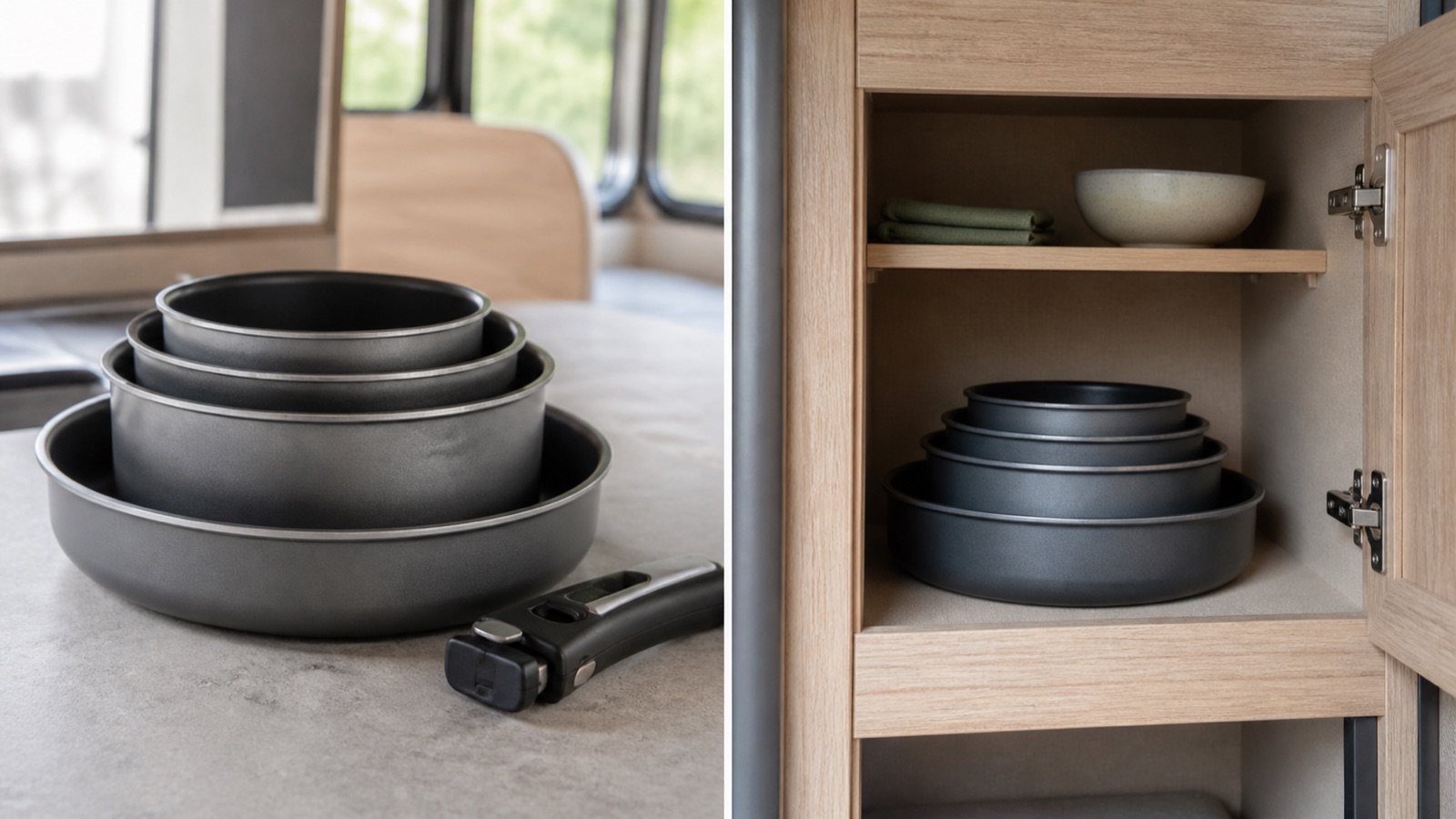 Nesting cookware set with detachable handles stacked compactly