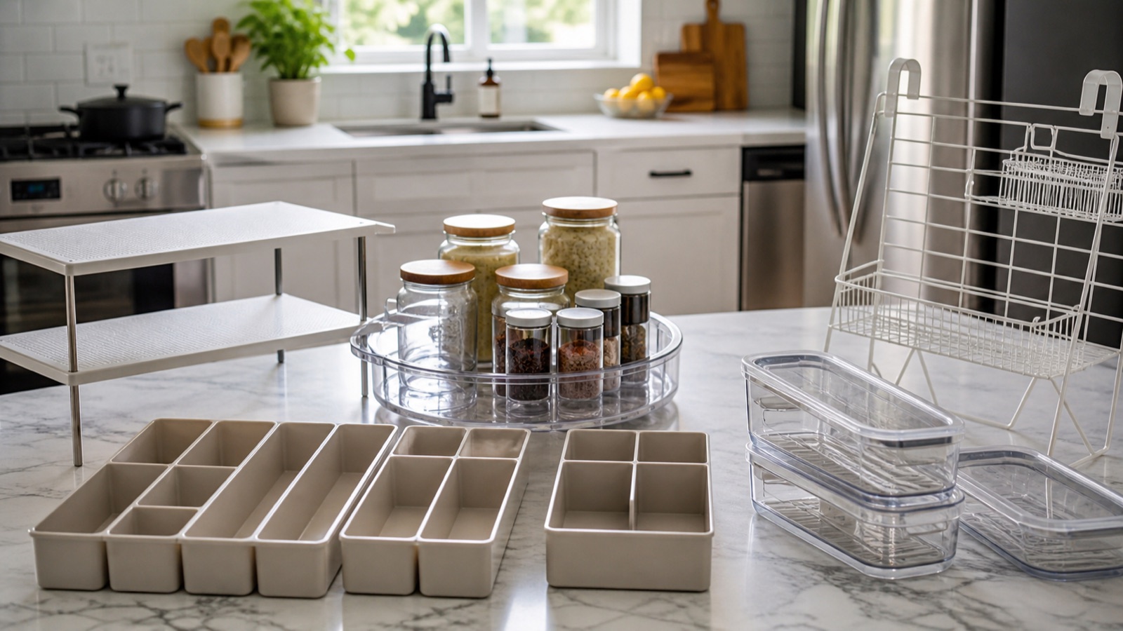 Assortment of small kitchen organizers: risers, lazy susan, dividers, racks, and containers