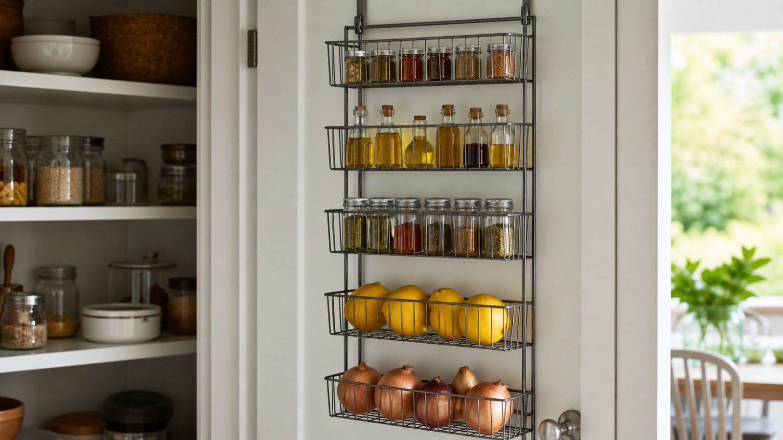 Metal over-the-door rack with baskets on a pantry door