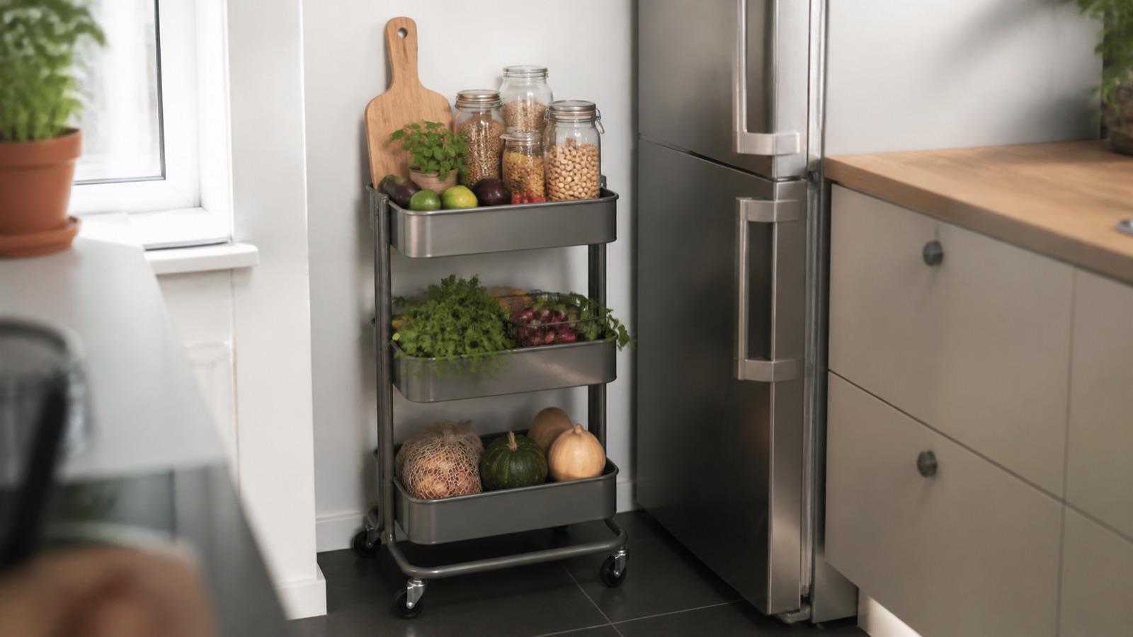 Three-tier metal rolling cart holding produce and jars beside the fridge