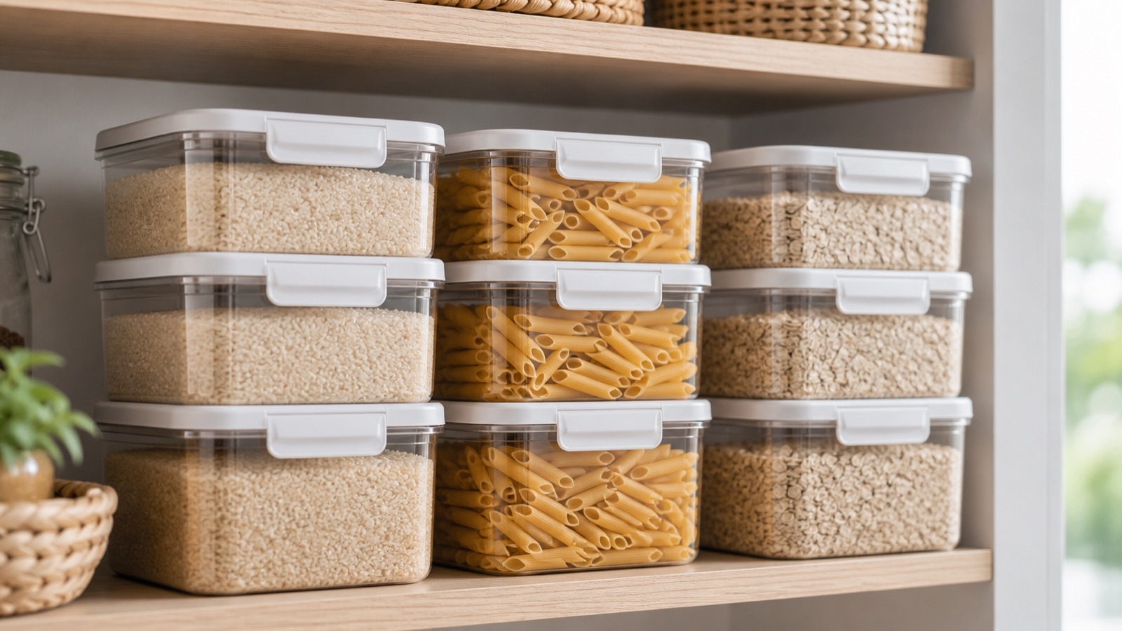 Stackable airtight food containers stacked uniformly on a pantry shelf