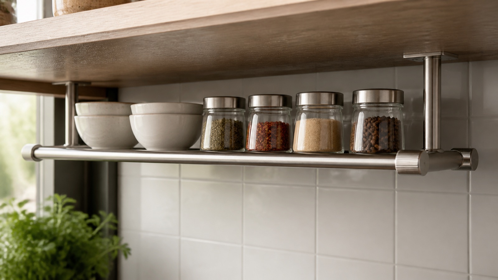 Adjustable tension rod shelf holding spice jars under a cabinet