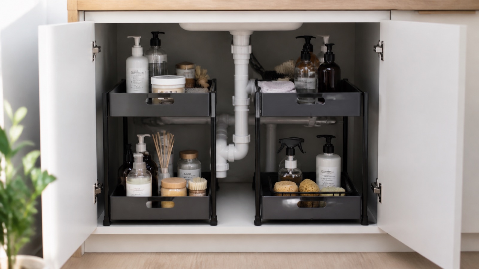 Two-tier sliding under-sink organizer fitted around the pipes