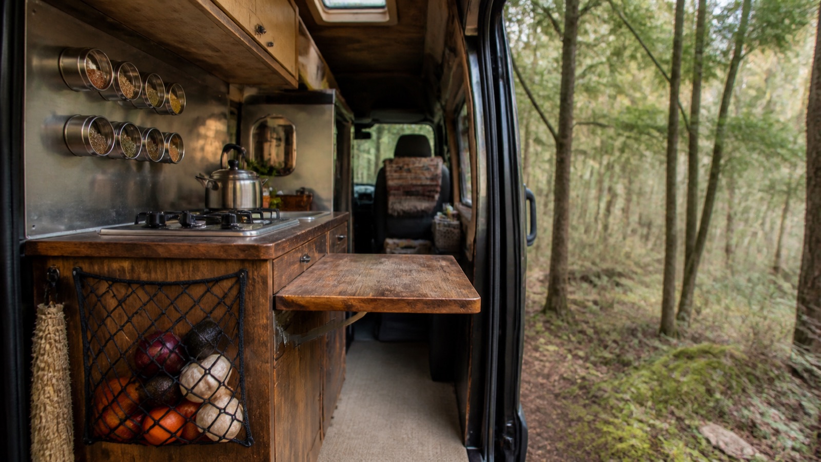 Camper van kitchen with magnetic spice tins, a cargo net, and a fold-down counter