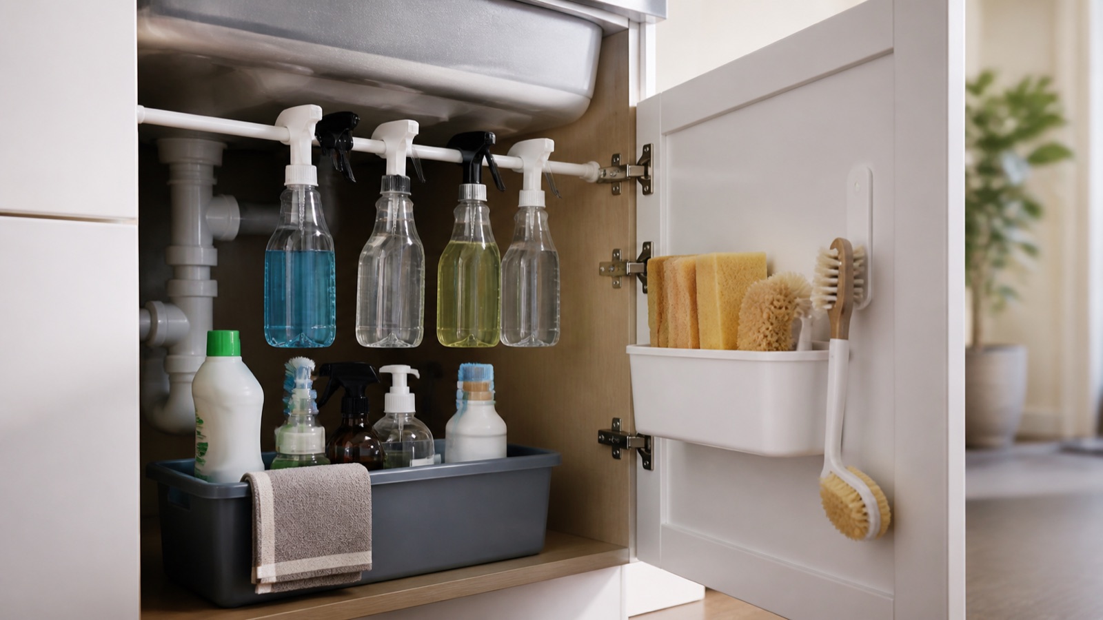 Cleaning supplies in an under-sink caddy with spray bottles hung from a tension rod