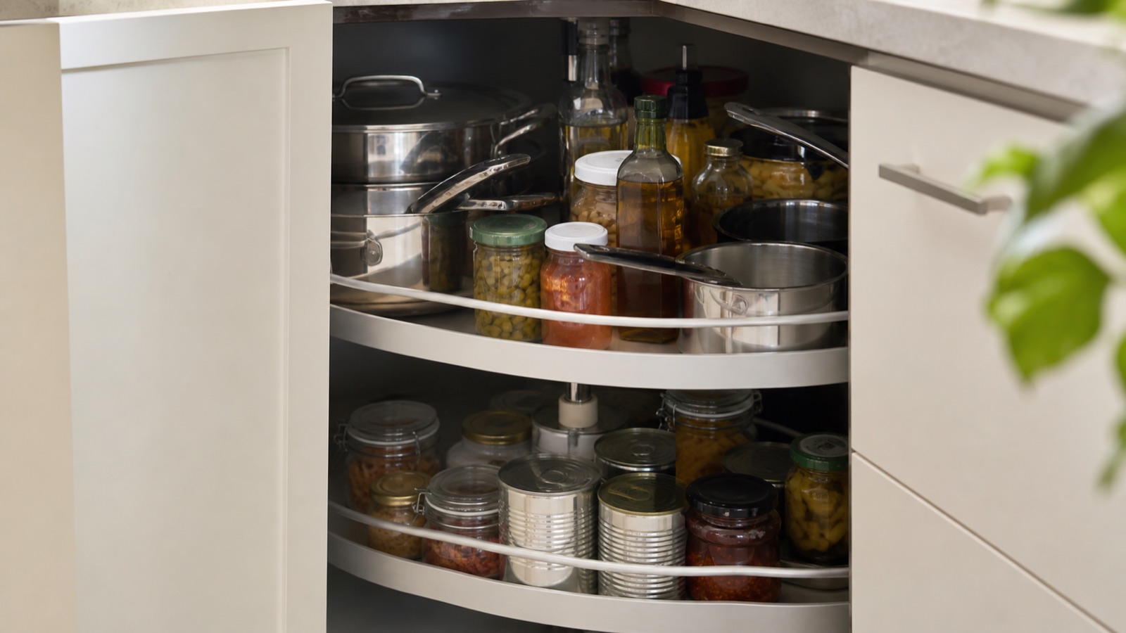 Corner kitchen cabinet organized with a two-tier lazy susan