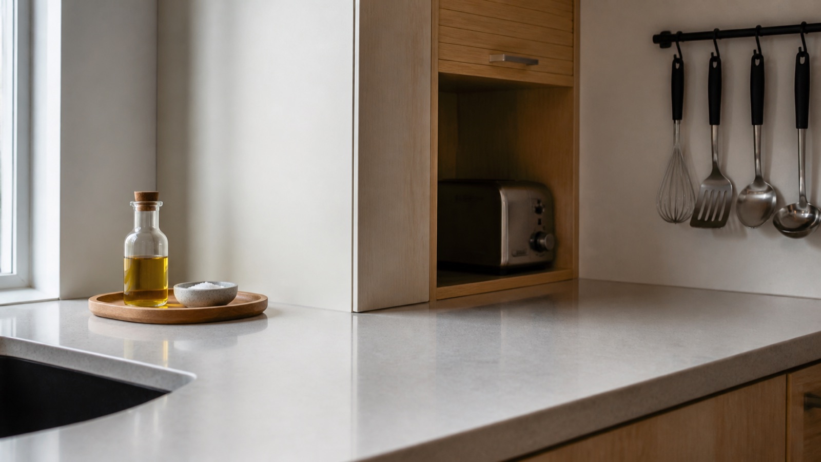 Decluttered small kitchen countertop with one tray and utensils moved to a wall rail