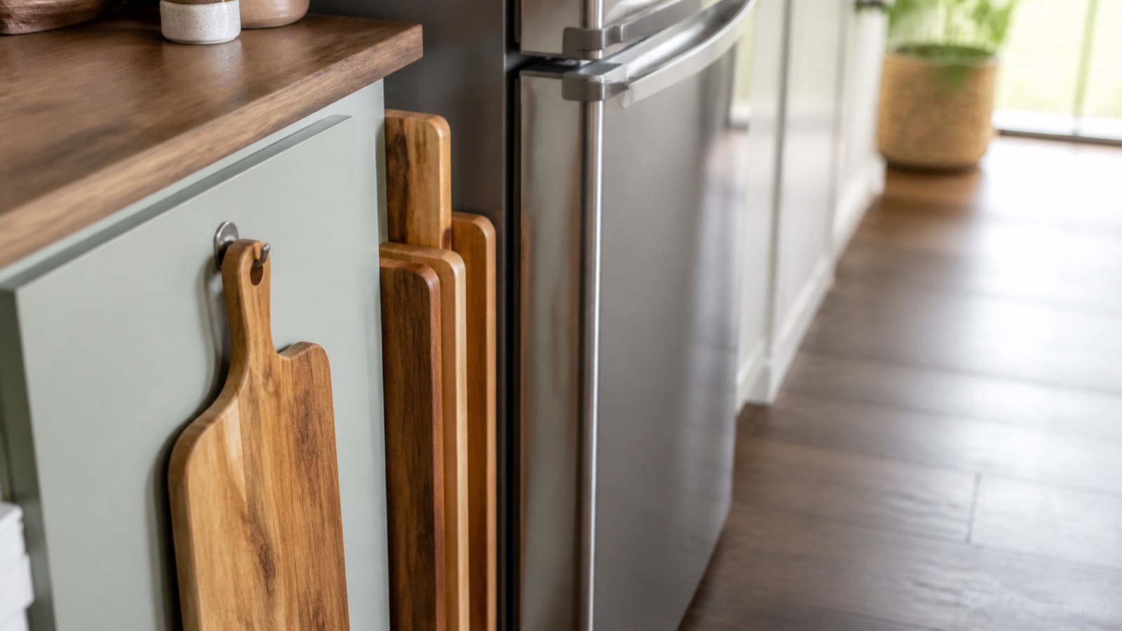 Cutting boards stored upright in a slim gap and hung from a cabinet hook