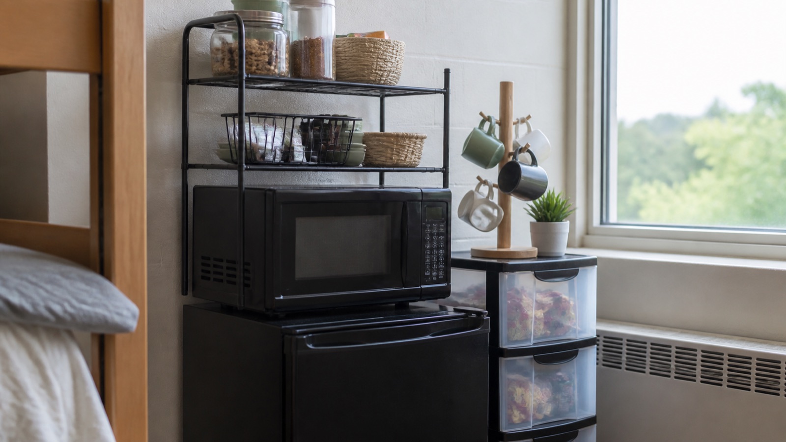 Dorm kitchen corner with a mini fridge, stackable organizer, and drawer tower