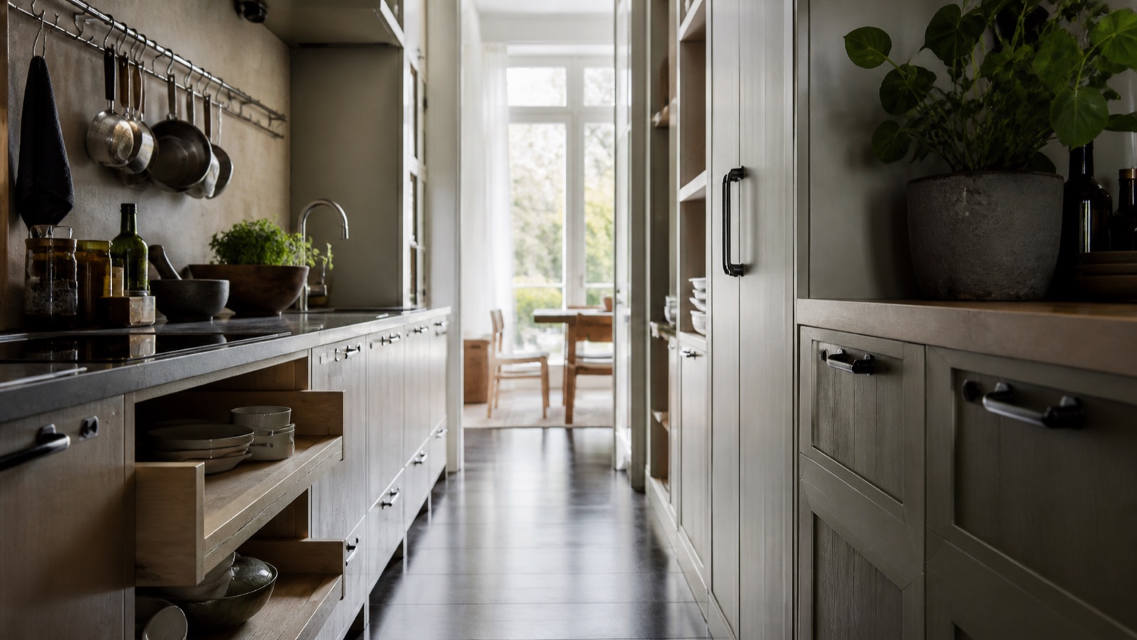 Narrow galley kitchen with a hanging pan rail and organized cabinets on both sides