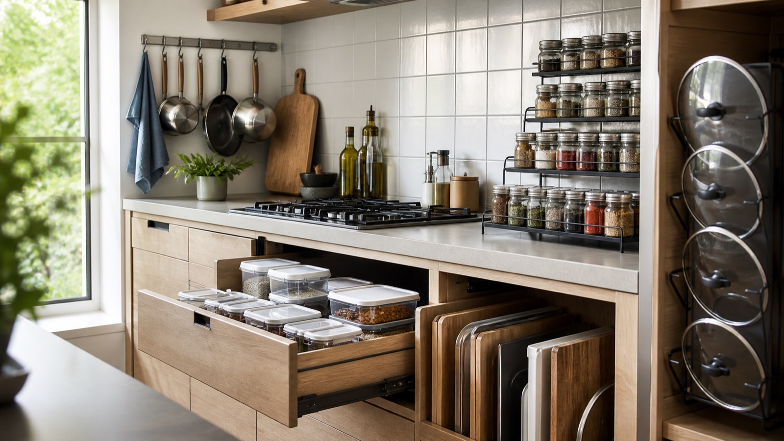 Small kitchen with pots, spices, boards, lids, and containers each stored in their place