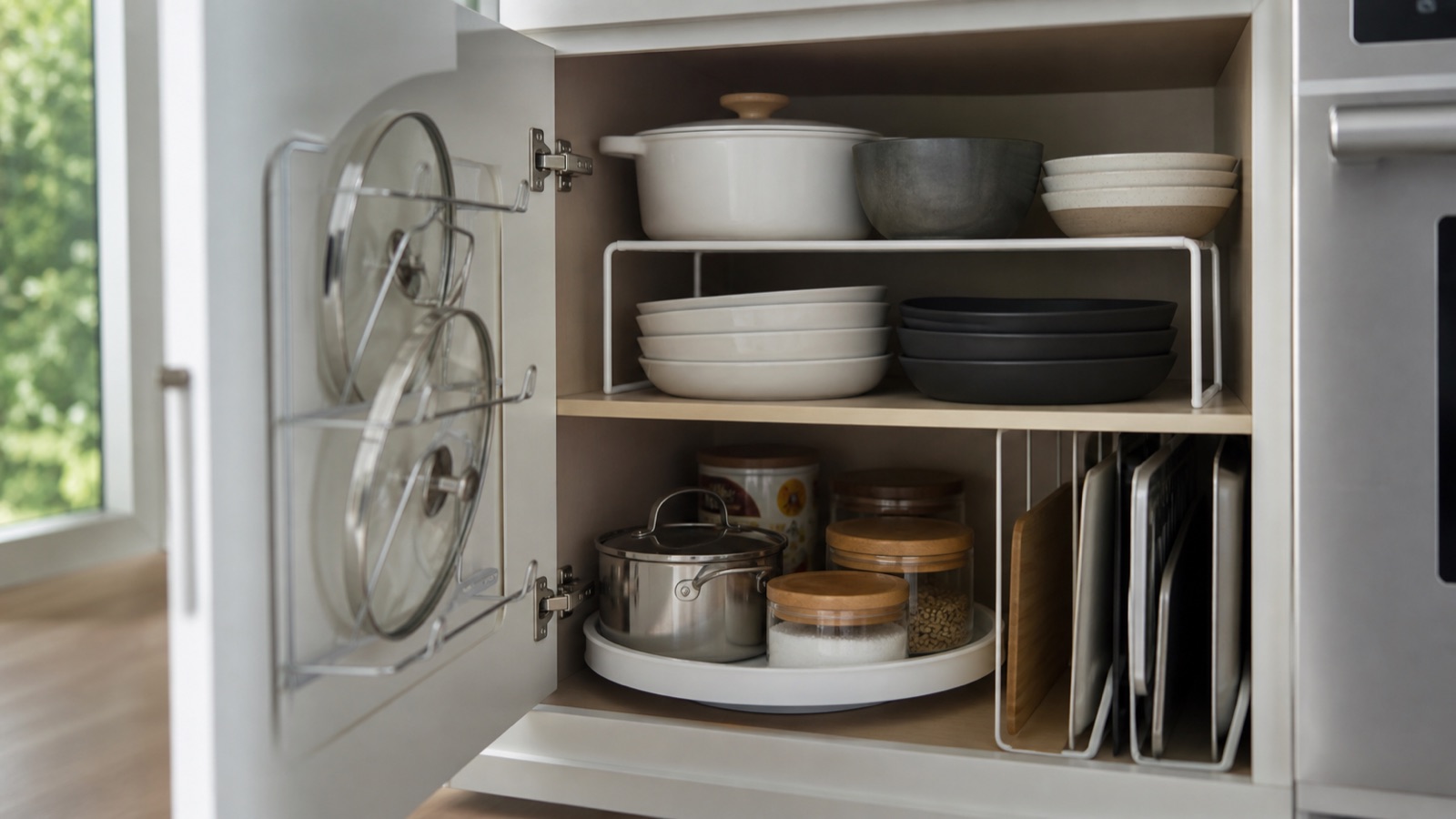 Inside a kitchen cabinet organized with shelf risers, a lazy susan, and a door-mounted rack