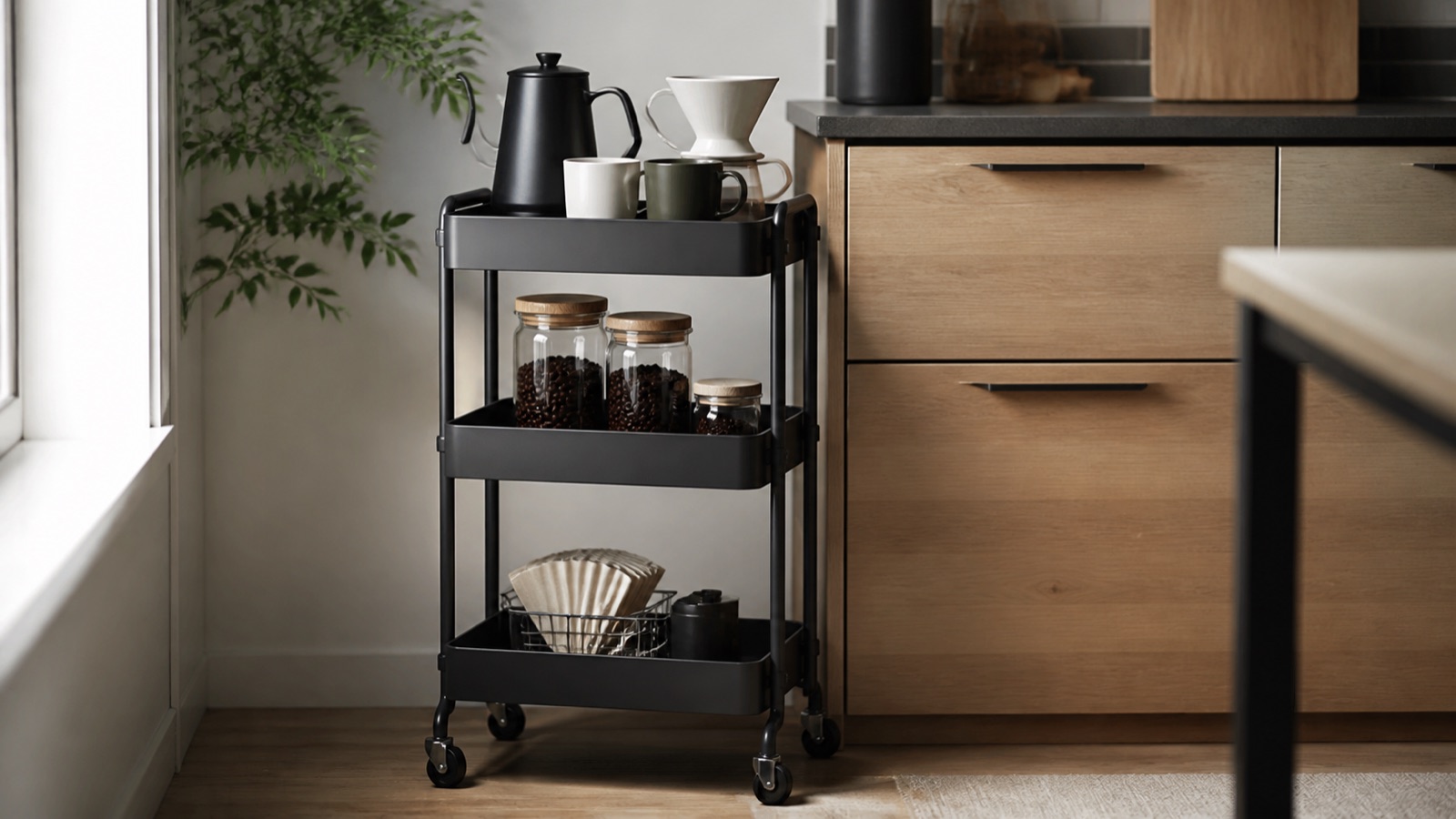 Three-tier rolling cart set up as a coffee station in a small kitchen