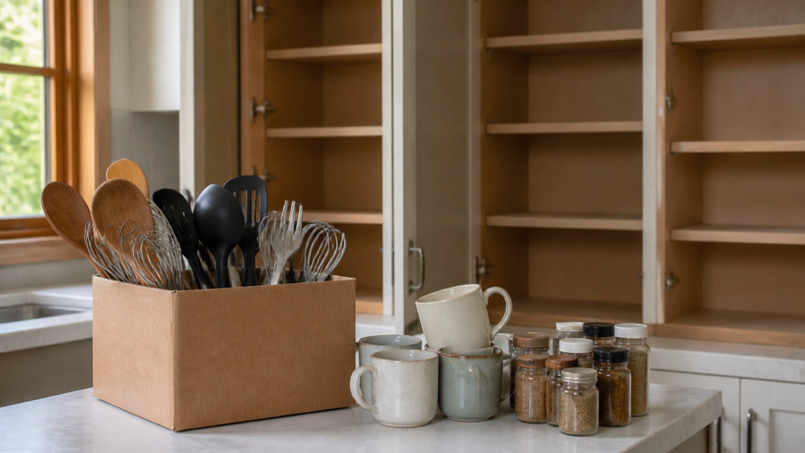 Duplicate utensils, chipped mugs, and old jars boxed up during a kitchen declutter