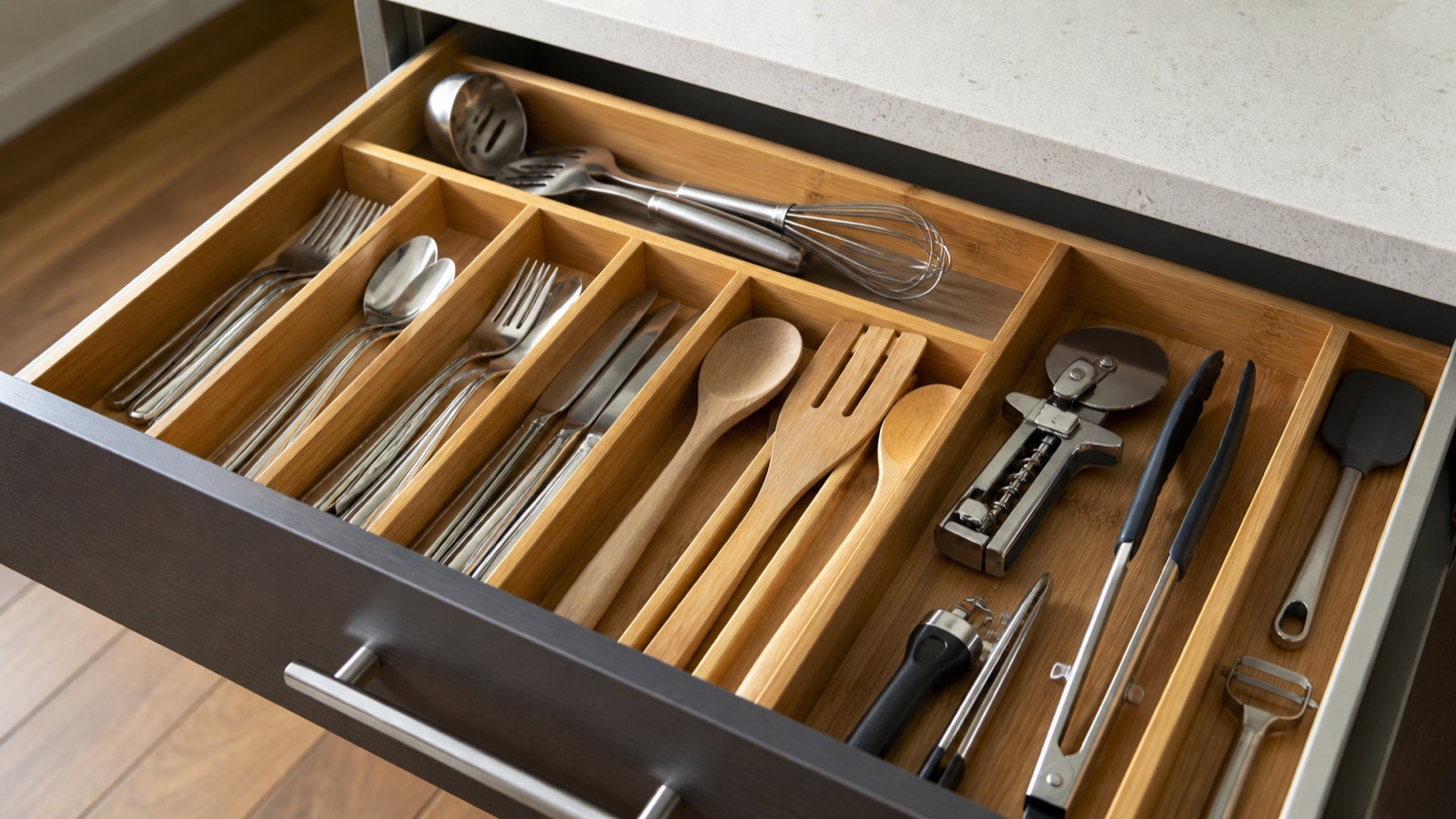 Kitchen drawer neatly organized with bamboo dividers