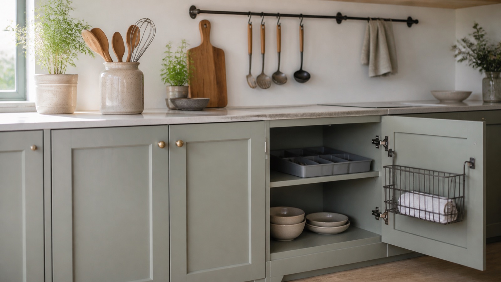 Kitchen with no drawers using a utensil crock, wall hooks, and a cabinet-door basket