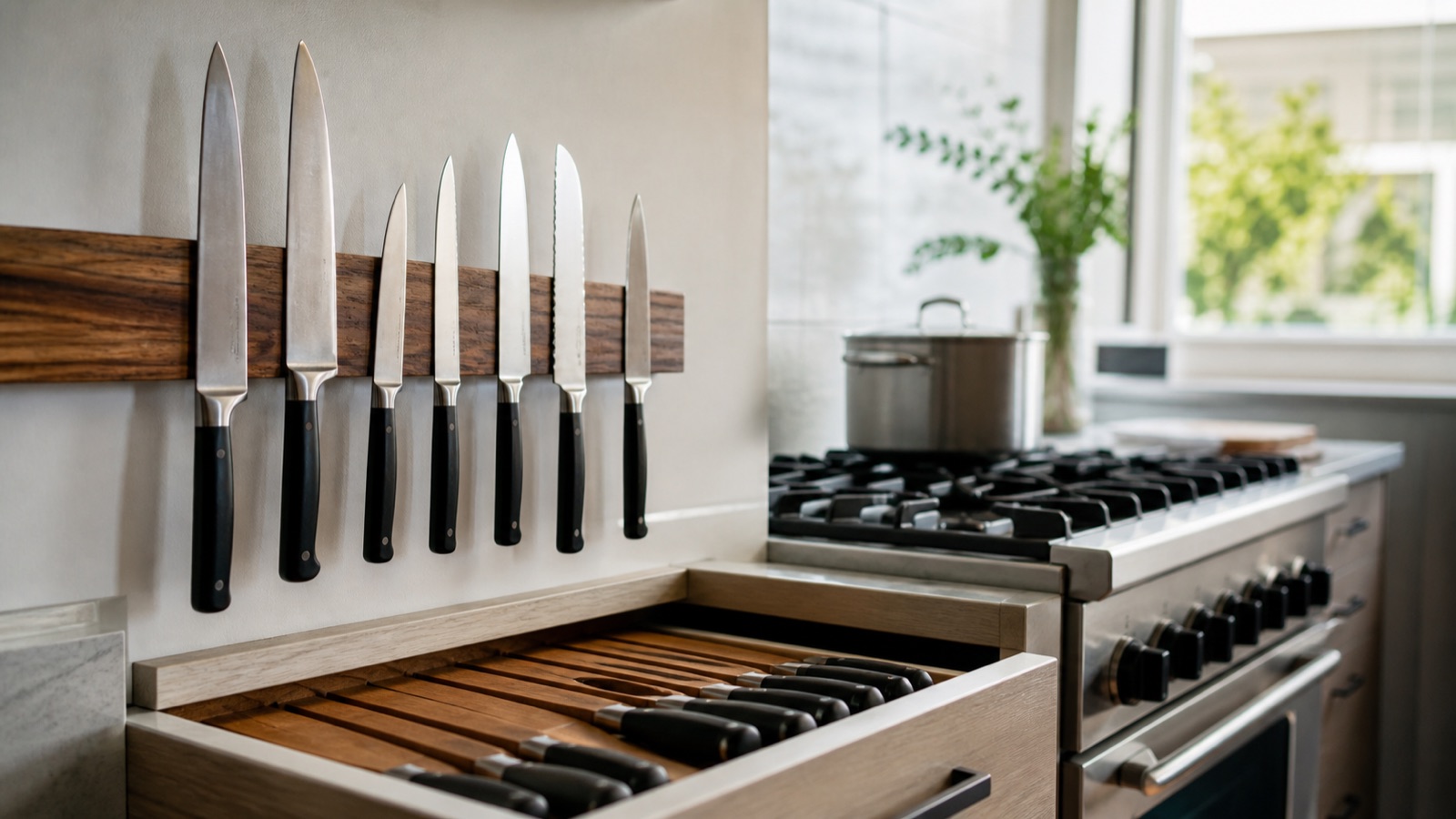 Knives on a wall-mounted magnetic strip and in an in-drawer block