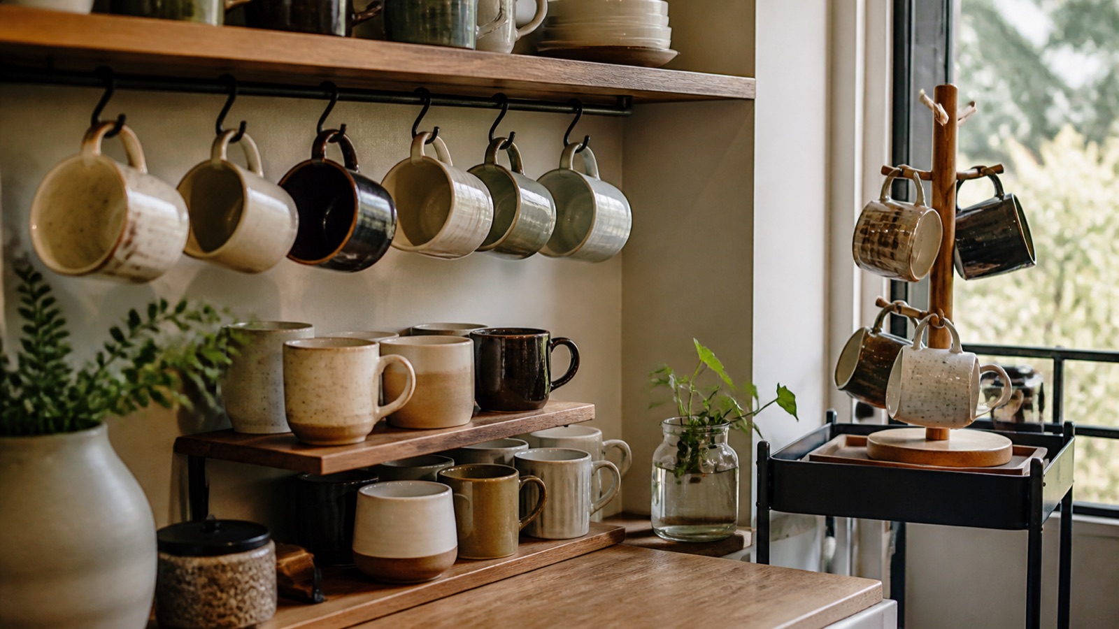Mugs hung under a shelf, stacked on a riser, and on a mug tree