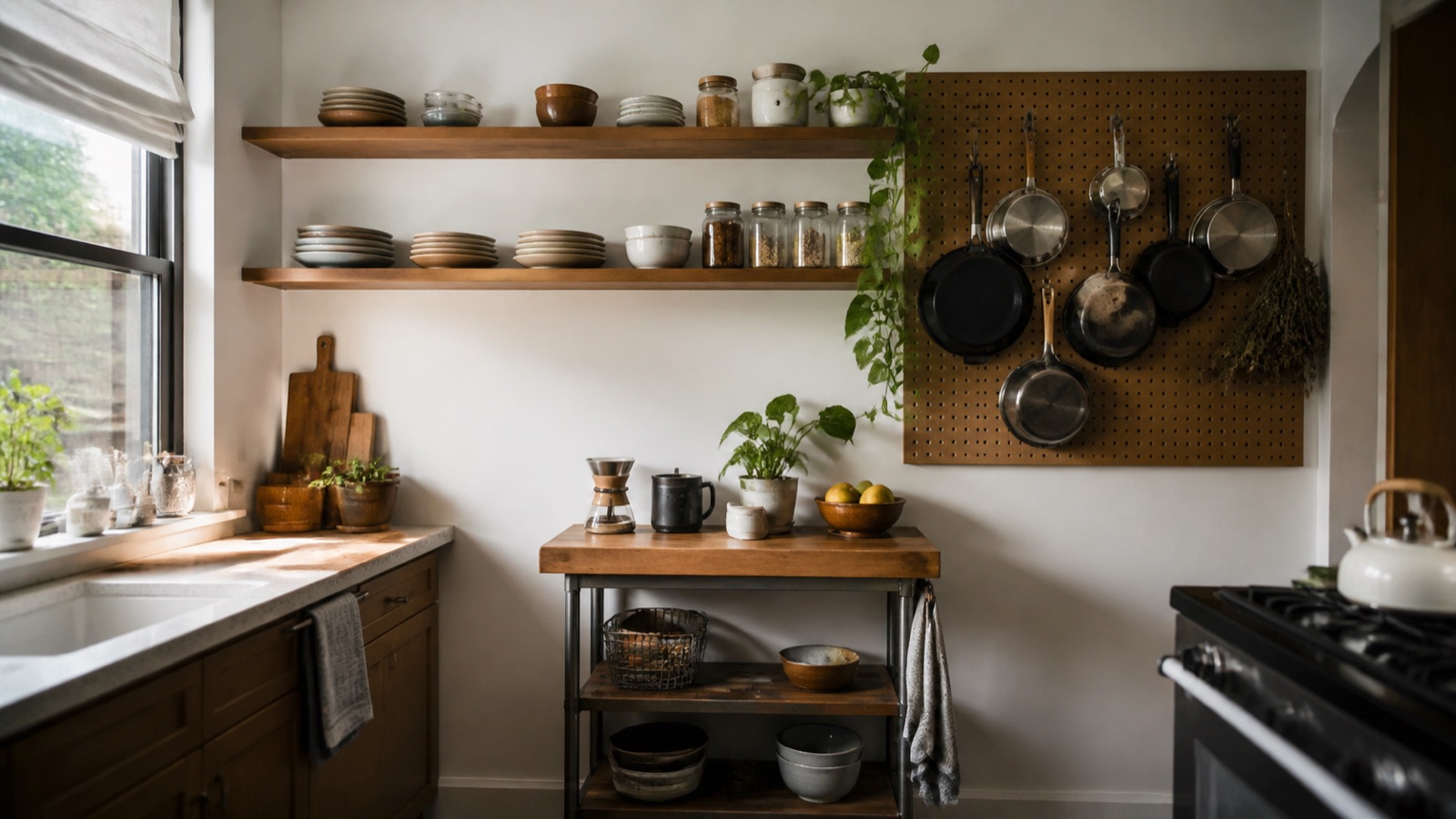 Kitchen without cabinets using open shelves, a pegboard, and a freestanding cart