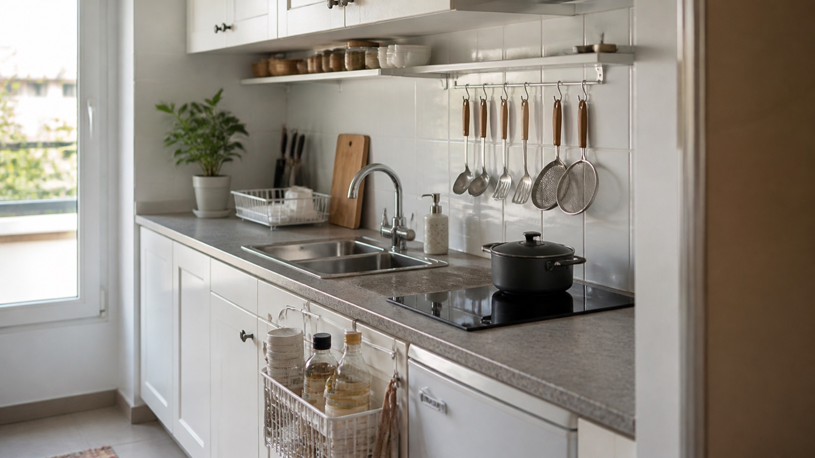 Rental kitchen organized with adhesive hooks, a tension rod shelf, and an over-the-door rack, no drilling