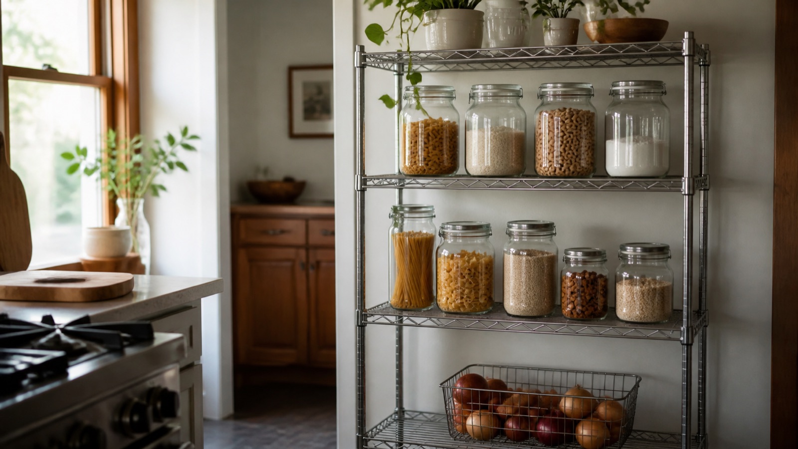 Freestanding shelving unit used as a pantry in a kitchen with no pantry closet