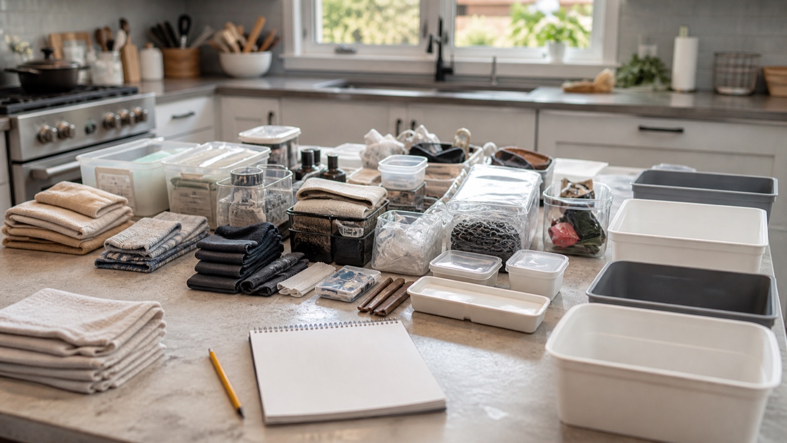 Small kitchen items sorted into groups on the counter, ready to be organized
