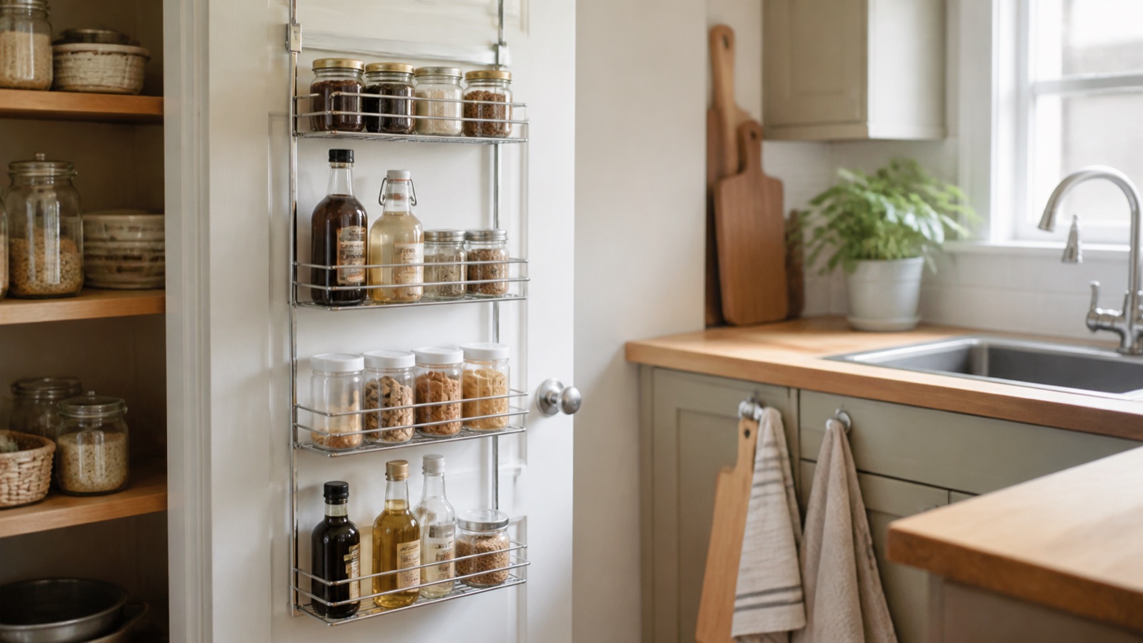Over-the-door racks on a pantry door and cabinet door holding jars, boards, and towels