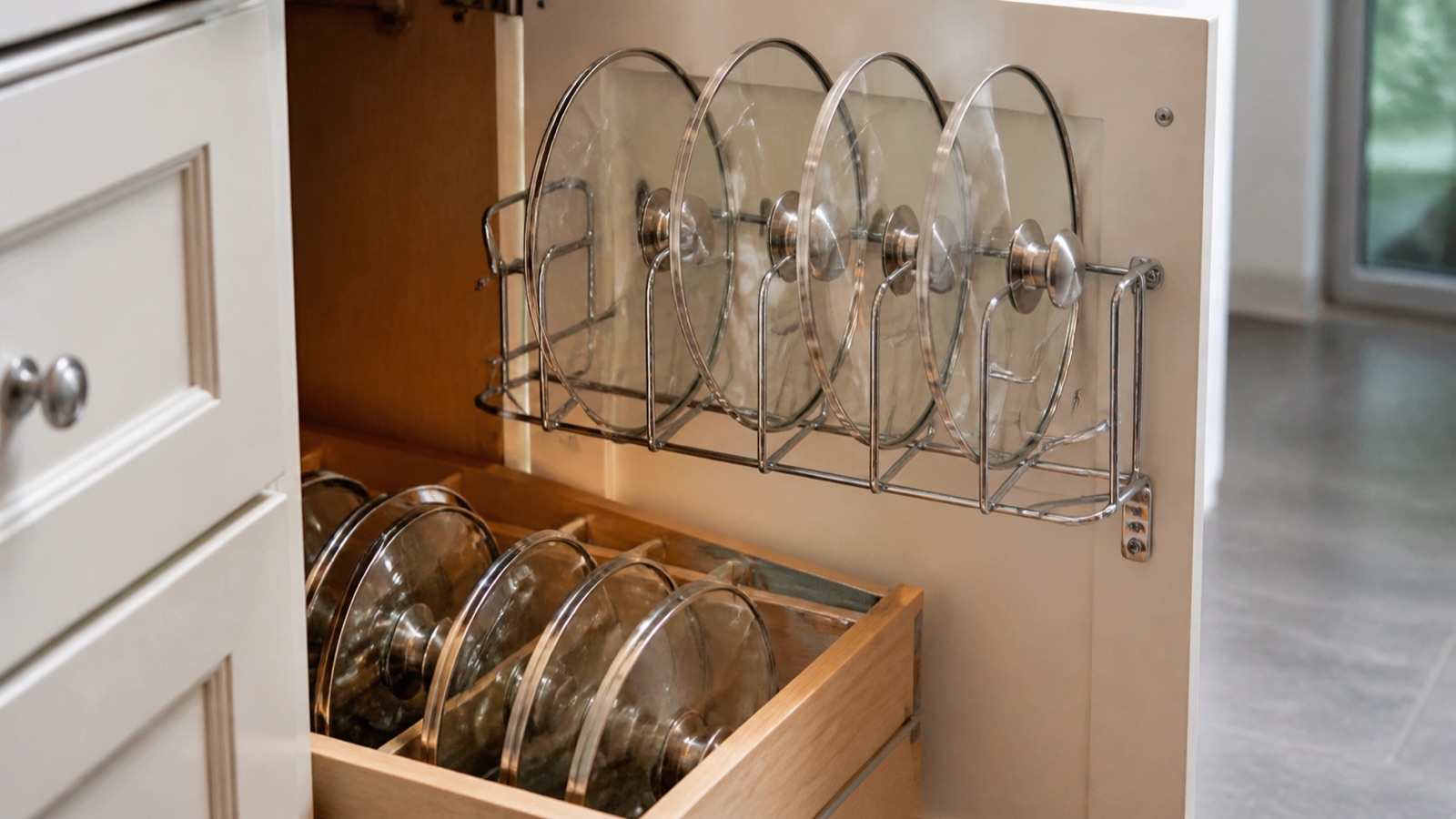 Pot lids held upright in a cabinet-door rack