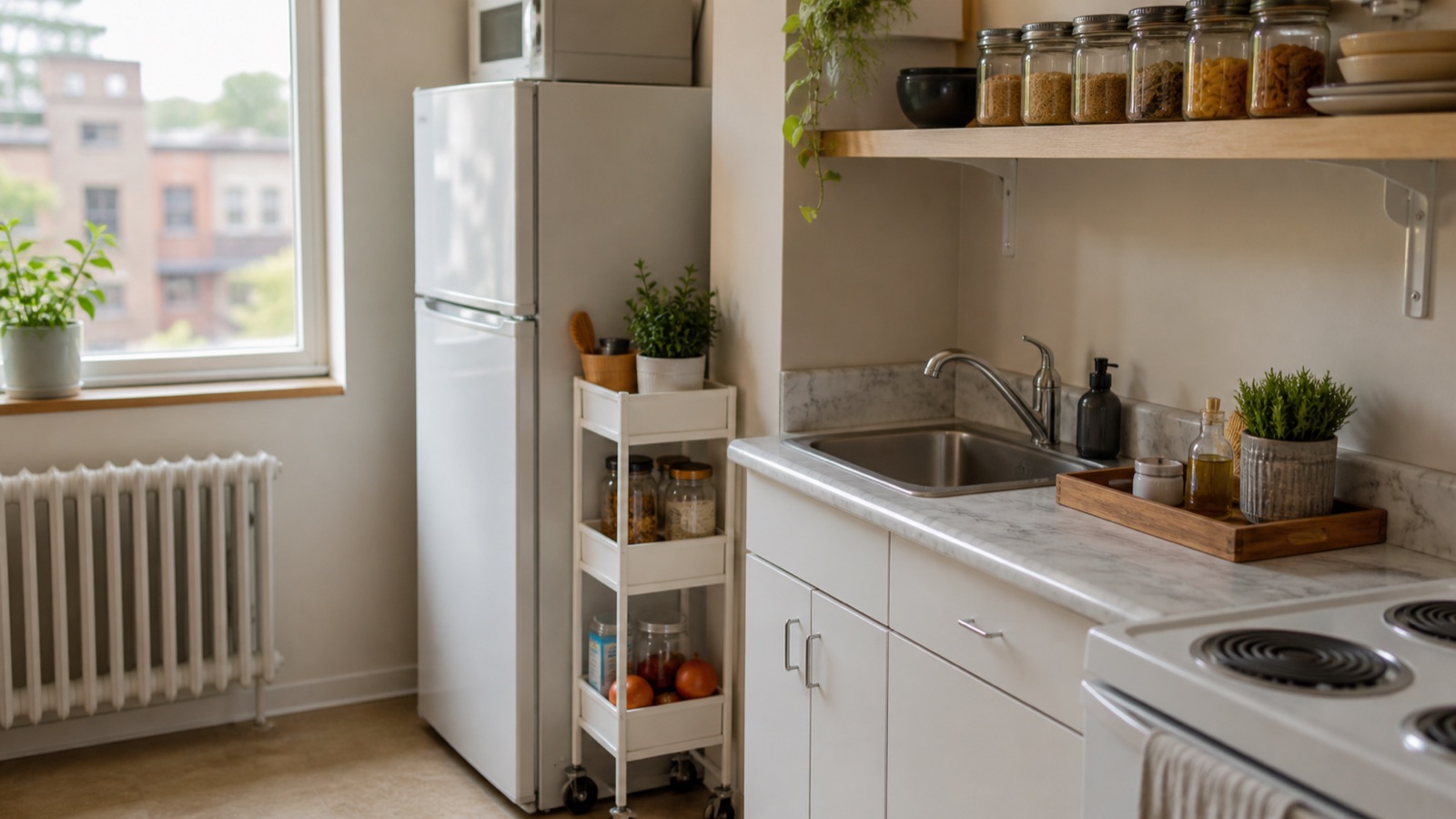 Organized rental kitchen with glass canisters, a rolling cart, and a clear countertop