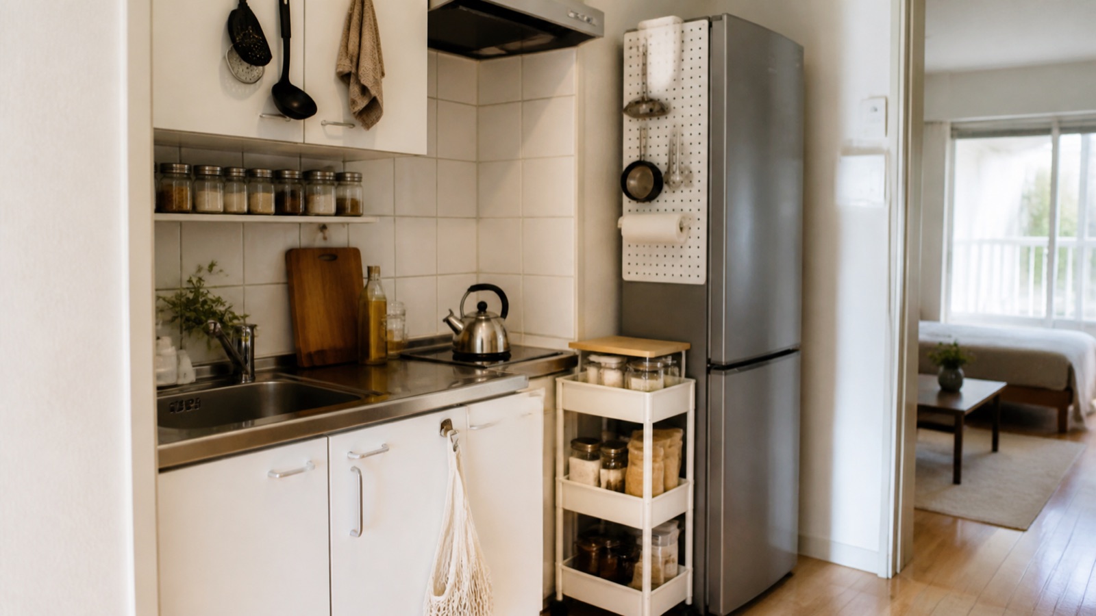 Renter kitchen organized with a tension rod shelf, cabinet-door hooks, and a rolling cart