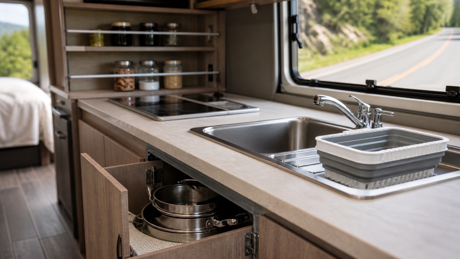 RV kitchen with nesting pots and tension rods keeping shelf items in place
