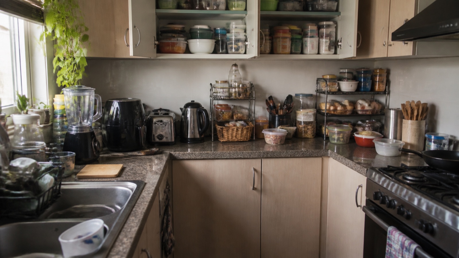 Overcrowded small kitchen counter and jumbled cabinet showing organizing mistakes