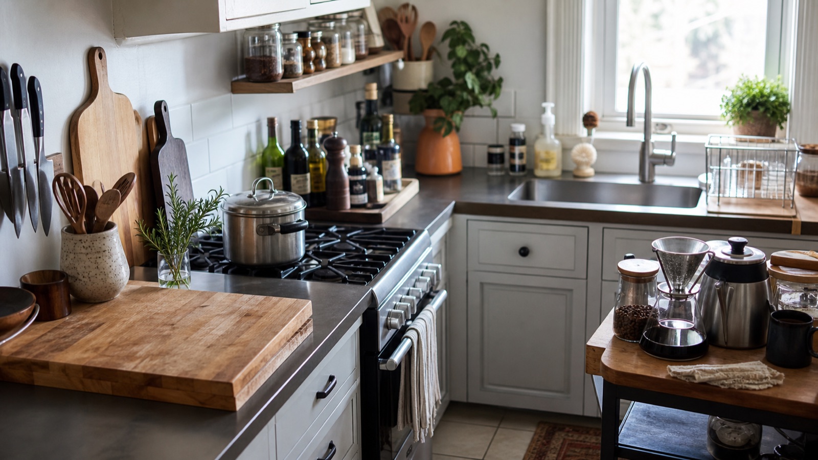 Small kitchen arranged into prep, cooking, cleaning, and coffee zones