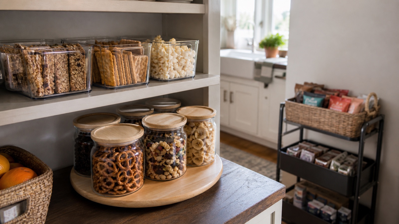 Snack storage with clear bins, a lazy susan of jars, and a basket on a cart