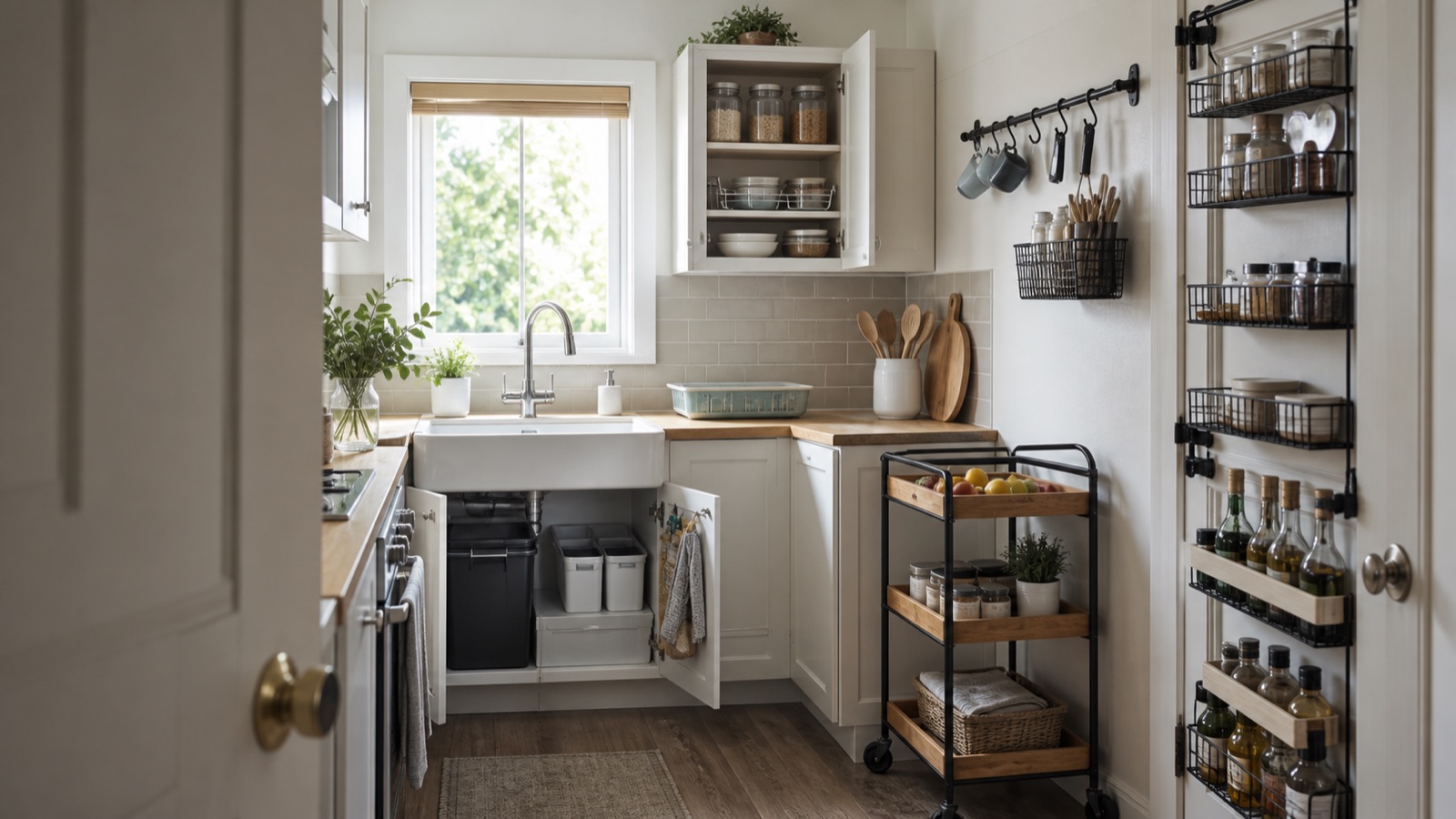 Small kitchen organized zone by zone, from under the sink to the walls