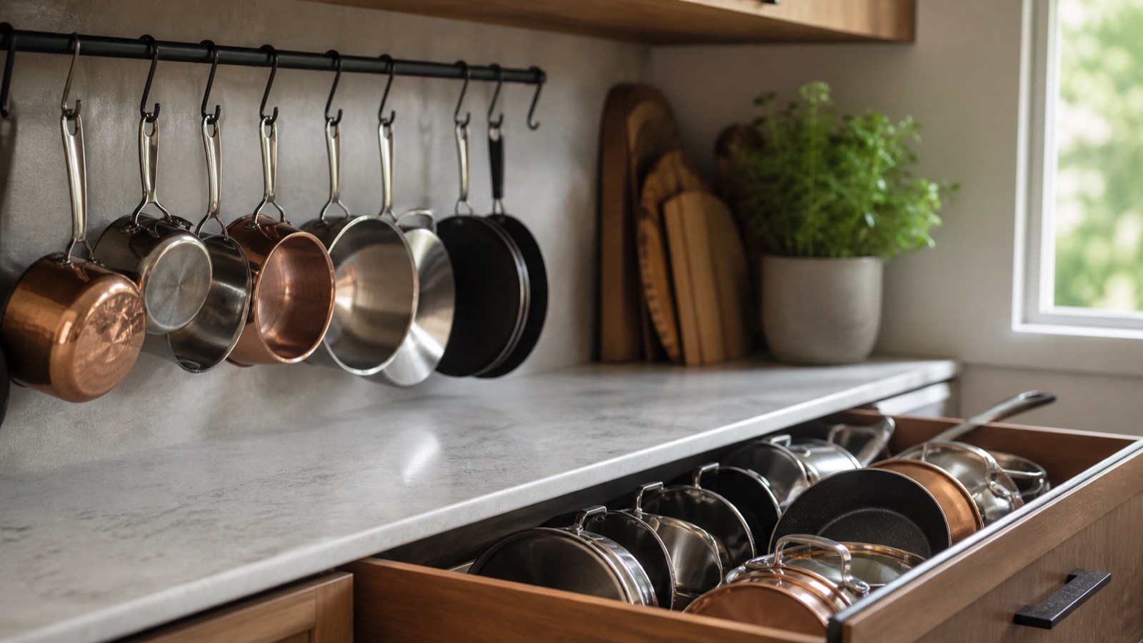 Pots and pans hung on a wall rail and nested in a drawer organizer
