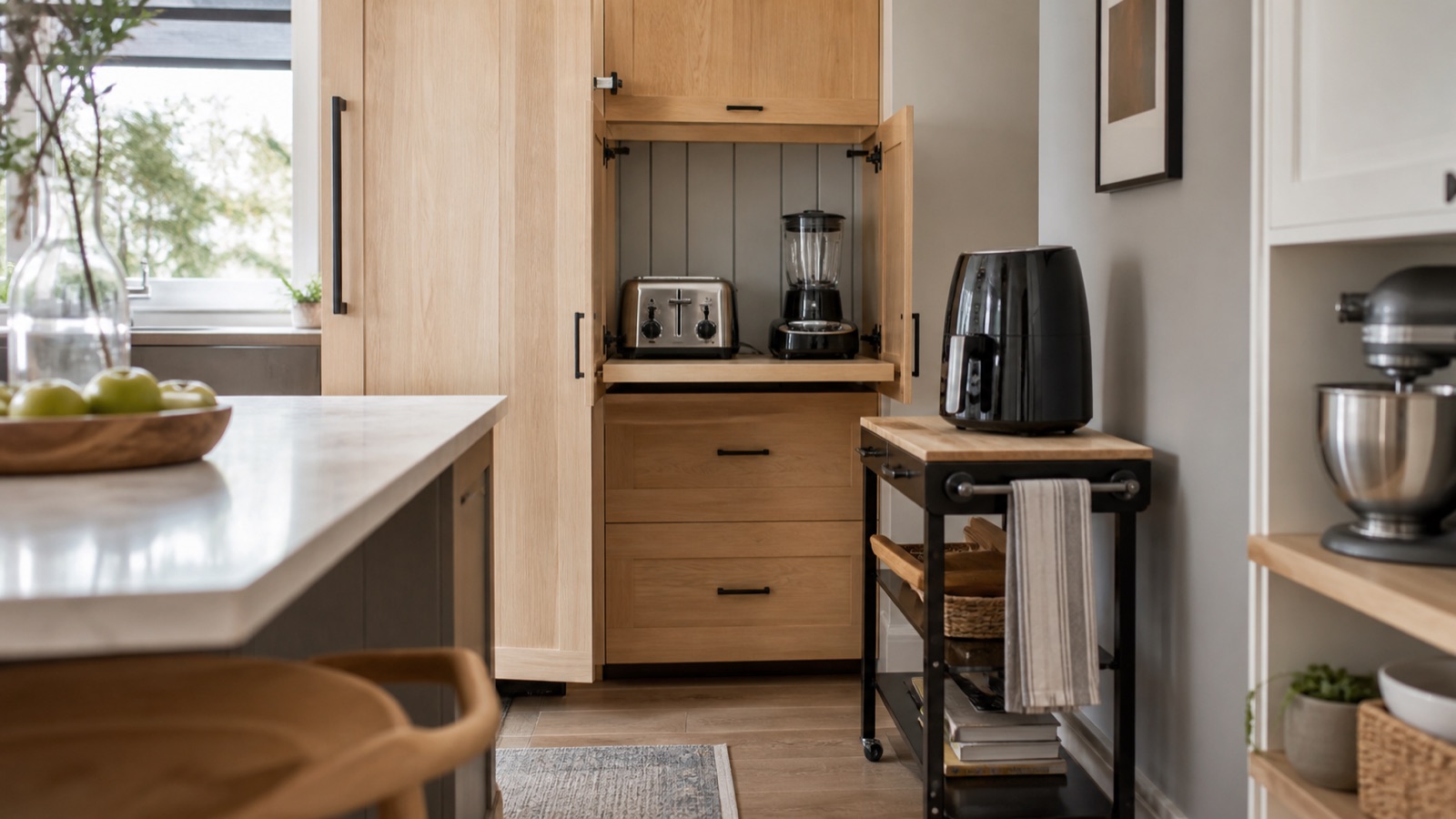 Small appliances tucked into an appliance garage cabinet and a rolling cart