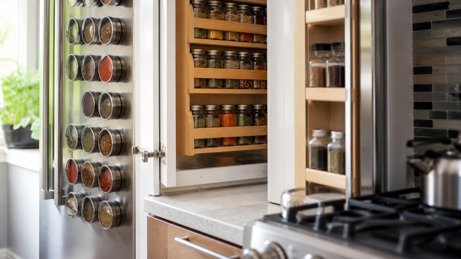 Spice storage with a tiered cabinet shelf, magnetic tins, and a slim pull-out rack
