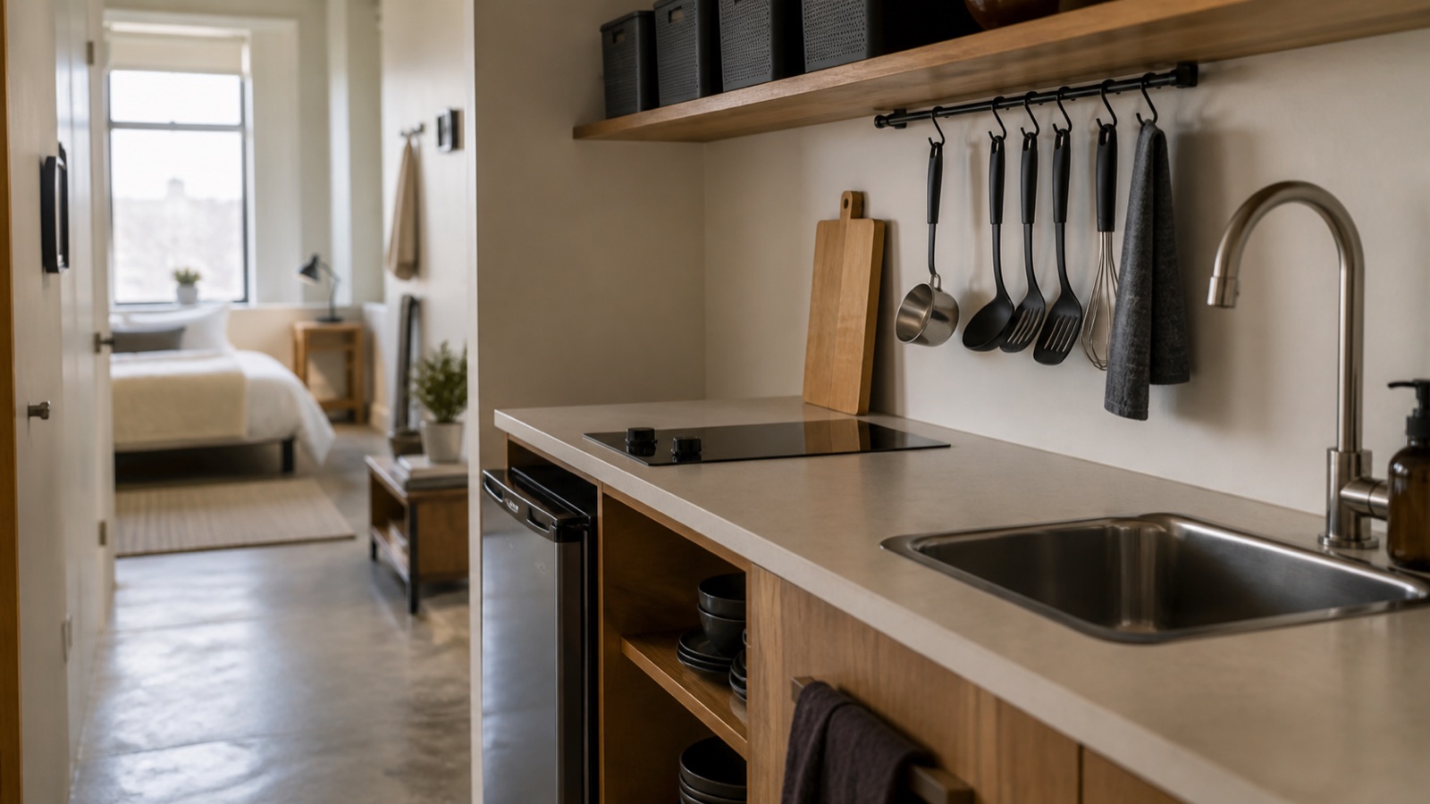 Studio apartment kitchenette with a utensil rail and stacked bins on an open shelf