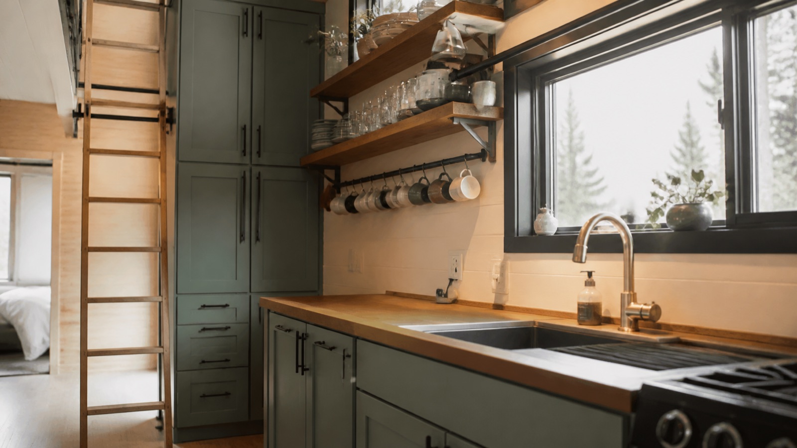 Tiny house kitchen with floor-to-ceiling cabinets, open shelving, and under-shelf mug hooks