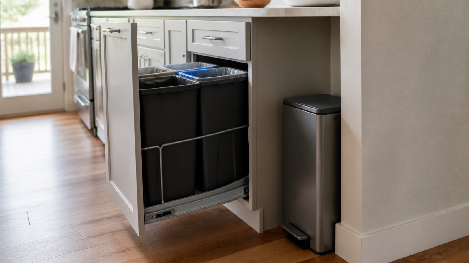 Pull-out trash and recycling bins inside a small kitchen cabinet
