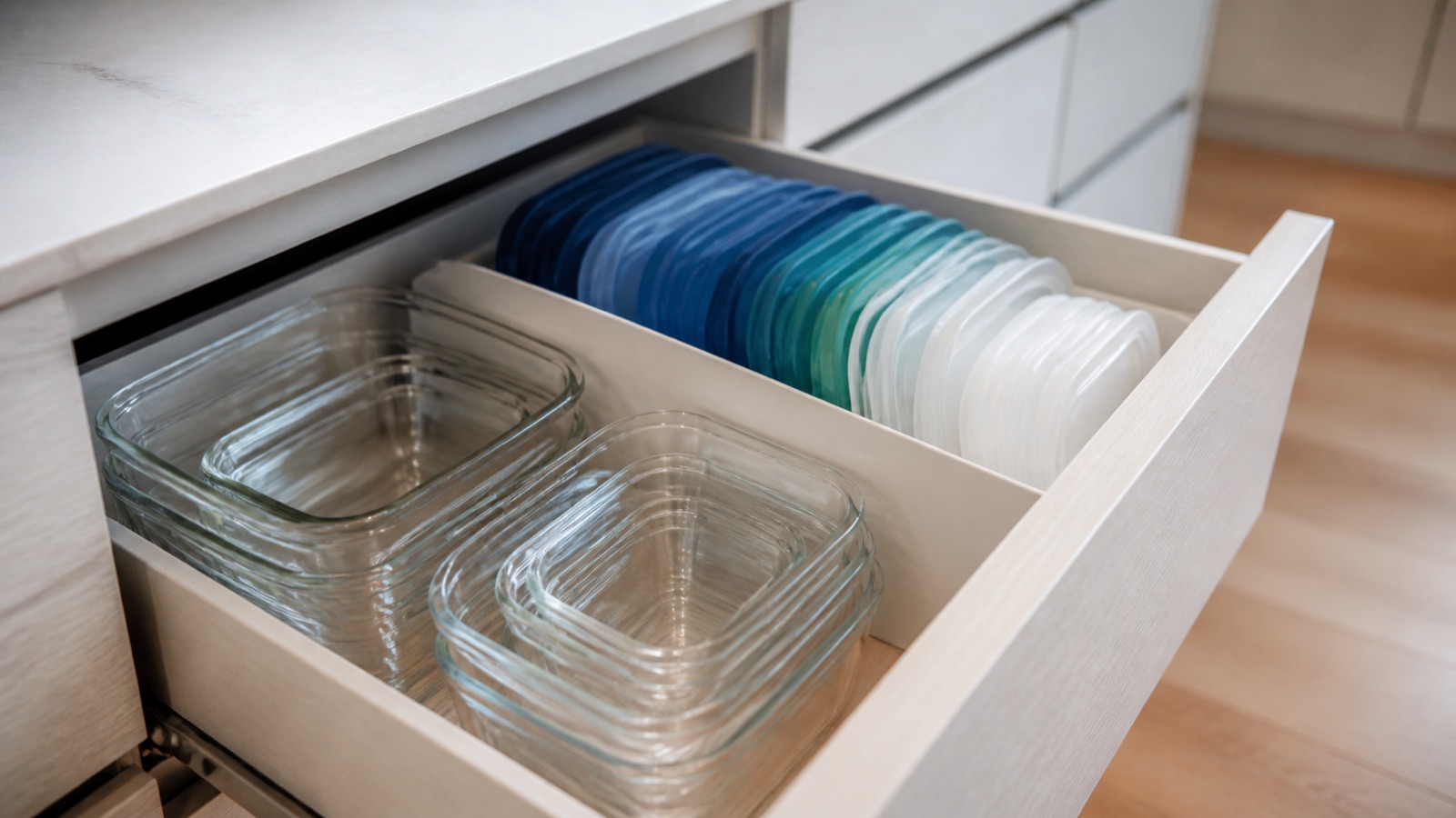 Food container lids filed upright in a divided drawer bin next to nested containers